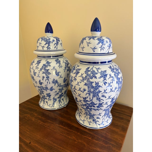 Chinoiserie Chinoiserie Large Blue and White Porcelain Ginger Jars, Pair For Sale - Image 3 of 9