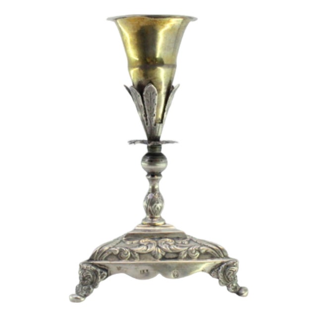 Silver Toothpick Holder with Gilt Chalice on Flower and Relief Scrolls For Sale