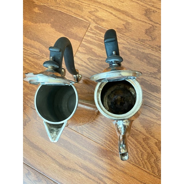 Antique Matching Tall Silver Coffee and Mocha Serving Pitchers With Black Handles- Set of 2 For Sale - Image 11 of 13