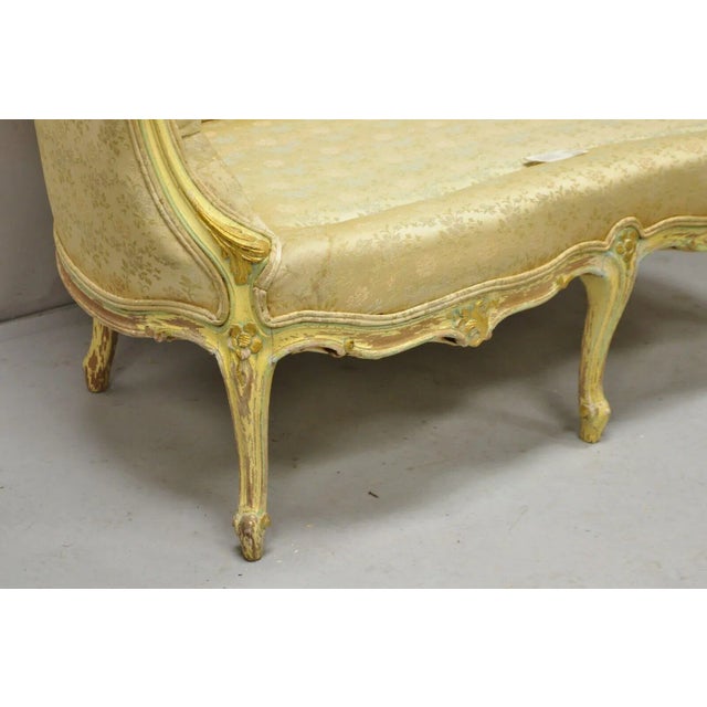Mid 20th Century Vintage French Louis XV Rococo Style Yellow & Green Settee Loveseat Sofa For Sale - Image 5 of 12