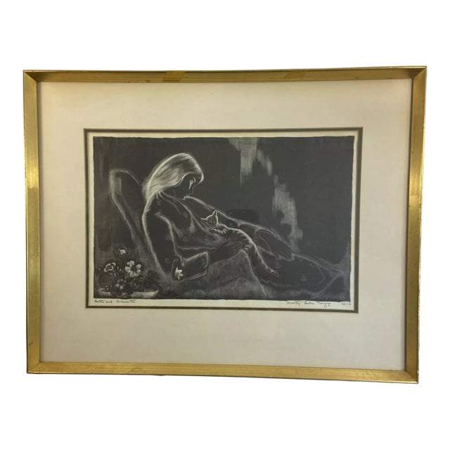 1930s Art Dorothy Lake Gregory Signed Lithograph Girl With Cat Framed Matted For Sale