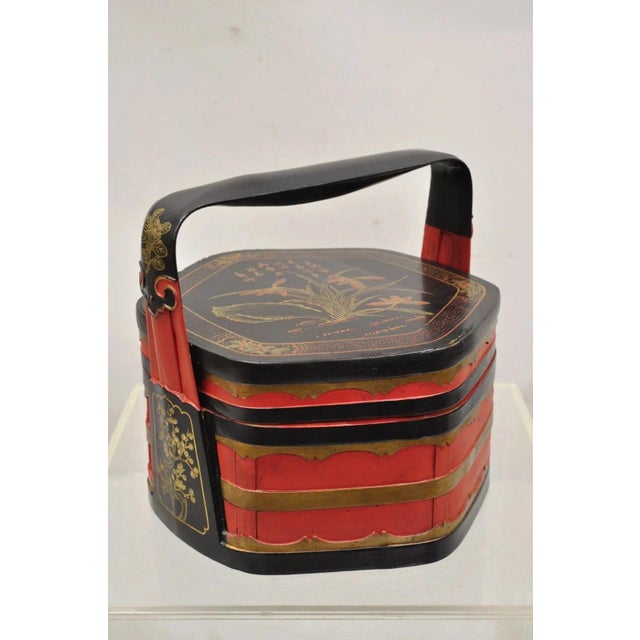 Vintage Chinese Black & Red Lacquer Floral Painted Lidded Wooden Tea Caddy Box For Sale - Image 11 of 11