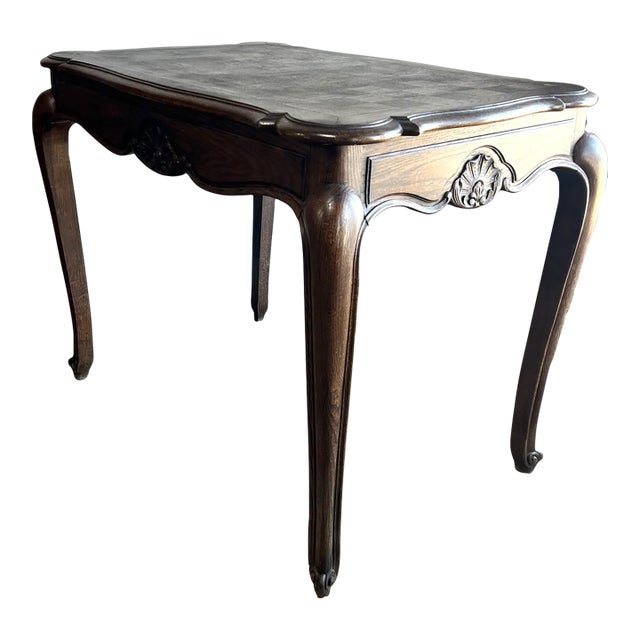 Vintage French Oak Parquet Side Table With Carved Details For Sale