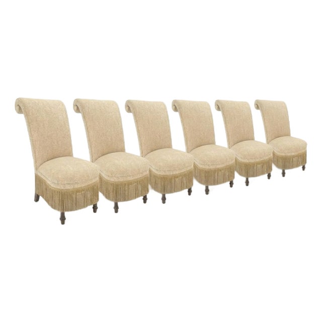 Designmaster for Domain Scroll-Back Damask Dining Chairs With Bullion Fringe & Turned Mahogany Legs, Set of 6 For Sale