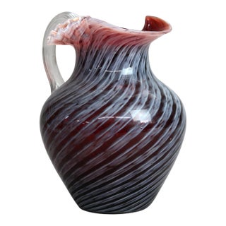 Antique Mt. Washington School Ruby & Opalescent Swirl Ruffle Top Glass Pitcher For Sale