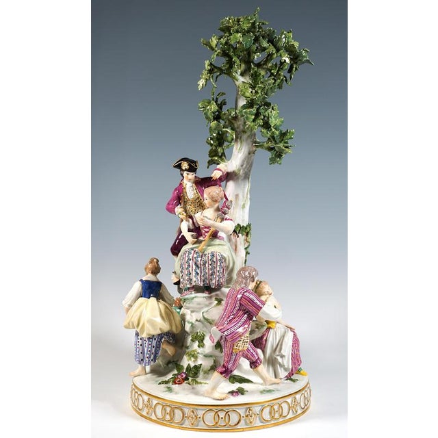 Large Round Porcelain Group with Three Couples at Tree attributed to M.V. Acier for Meissen, 1940 For Sale - Image 6 of 13