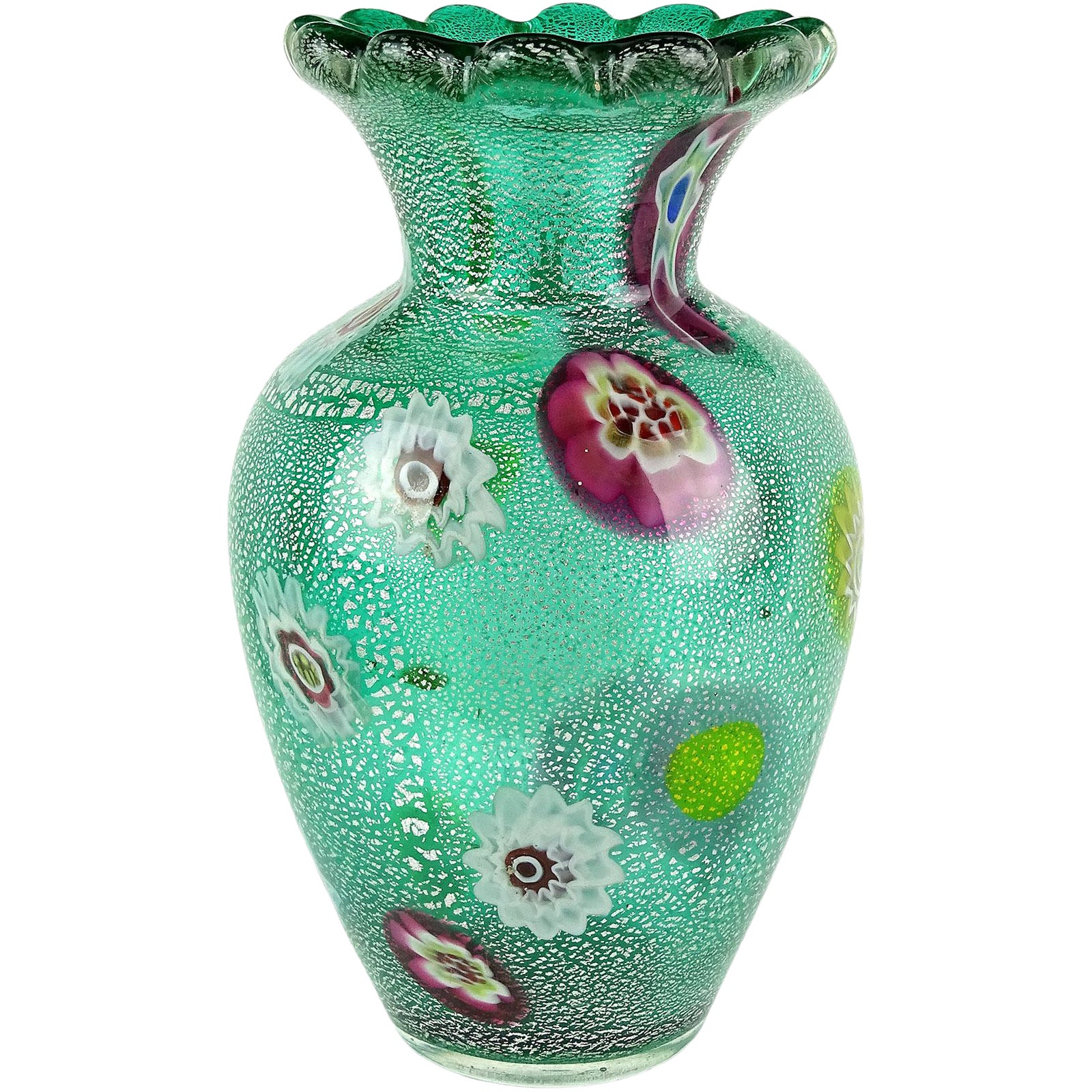 Vintage A.Ve.M. Murano Green Millefiori Silver Flecks Italian Art Glass