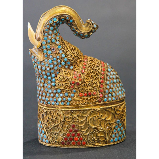 Metal Indian Mughal Style Gem-Set Gilt Brass Elephant Shape Snuff Box For Sale - Image 7 of 11