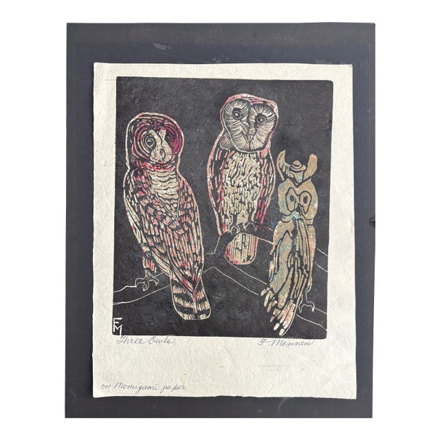 Vintage MCM Woodcut/Engraving Titled ‘Three Owls’ Signed by Fannie Mennen (1903-1995) For Sale