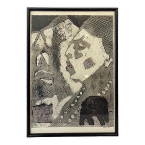 1988 Abstract Figurative Collagraph Print "Indian Ill - Elephant" by B. Dodson