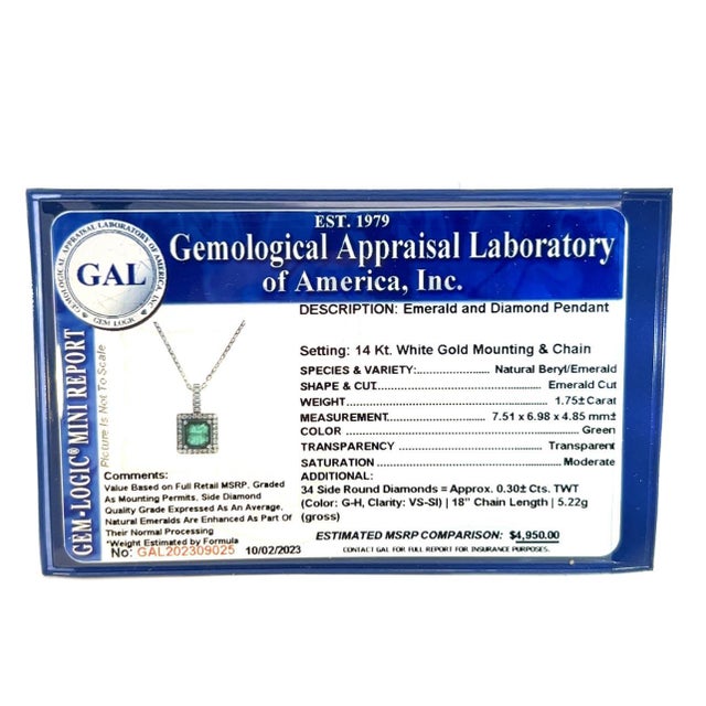 Green Natural Emerald Diamond Pendant 18" 14k WG 2.05 TCW Certified For Sale - Image 8 of 11