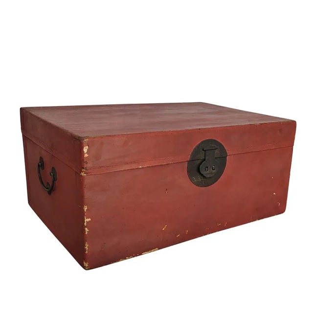 1900s Red Leather Antique Trunk For Sale - Image 4 of 8