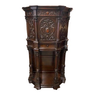 Antique 19th Century Dark Walnut Hand Carved Antique English Court Cupboard Circa 1870 For Sale