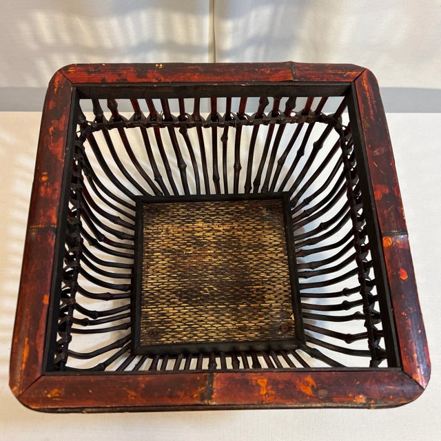 Vintage Boho Chic Torched Bamboo and Reed Square Footed Bowl For Sale - Image 9 of 9