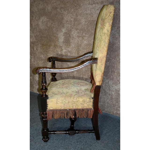 Beige Antique Carved Oak Armchair Tudor Jacobean Style High Back Tapestry Fringe 1920s For Sale - Image 8 of 13