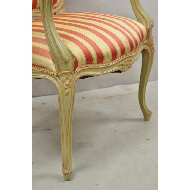 Vintage French Louis XV Style Green & Pink Painted Arm Chair W/ Striped Fabric For Sale - Image 11 of 12