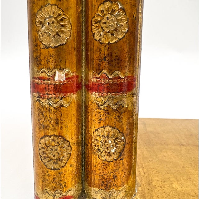 Pair of Vintage Italian Florentine Giltwood Bookends | Faux Book Spine Design - Mid- Century, Shabby Chic, Neoclassical, Library For Sale - Image 11 of 13