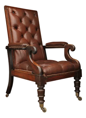 William IV Leather Button Back Reclining Library Chair on Brass Castors