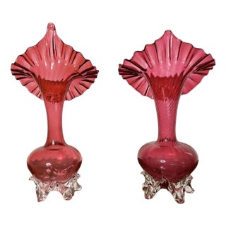 Victorian Cranberry Glass Jack in the Pulpit Vases, 1860s, Set of 2 For Sale