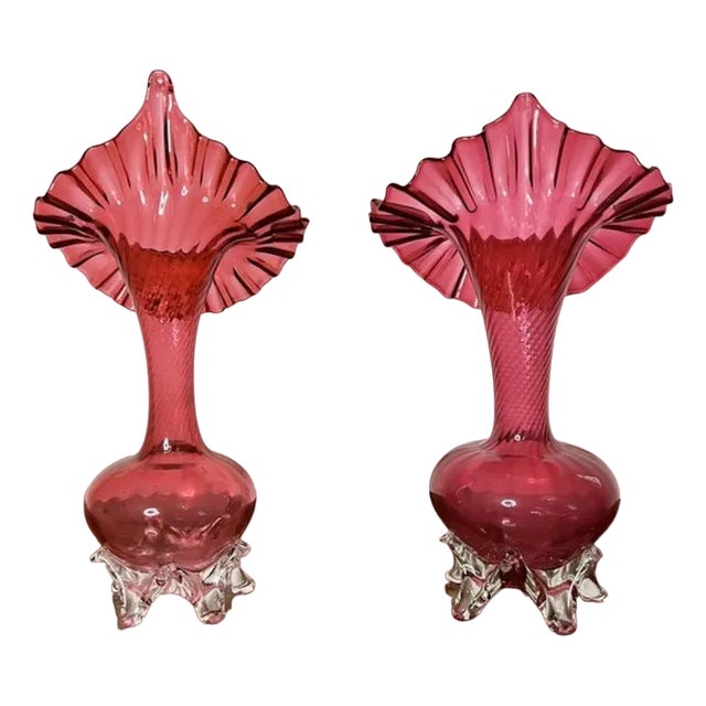 Victorian Cranberry Glass Jack in the Pulpit Vases, 1860s, Set of 2 For Sale