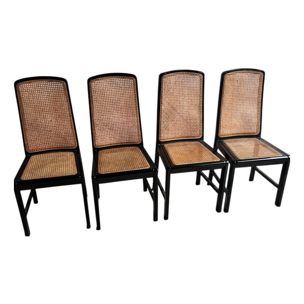 Black Lacquered Cane Dining Chairs, 1980s, Set of 4 For Sale