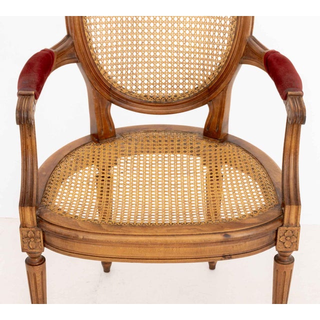 Pair of Louis XVI Style Red Velvet Upholstered Cane Paneled Walnut Fauteuils For Sale - Image 10 of 13