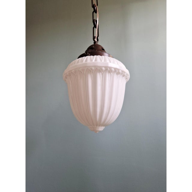 Bauhaus Art Deco Pendant Light in Molded & Pressed White Opaline Glass, 1930s For Sale - Image 3 of 13