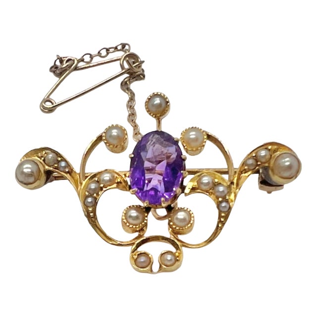 Antique 15ct Gold, Amethyst and Seed Pearl Scroll Brooch, England, Edwardian Period, 1900s For Sale