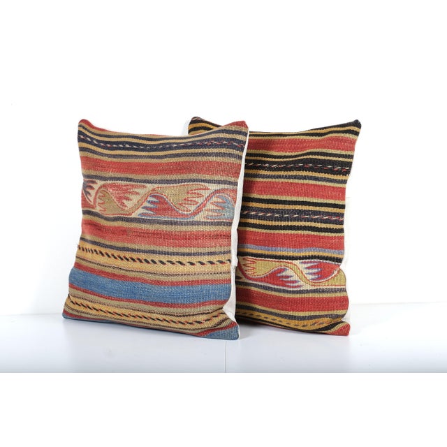 Mid-Century Modern Striped Design Turkish Anatolian Kilim Pillow Cover - a Pair For Sale - Image 3 of 4