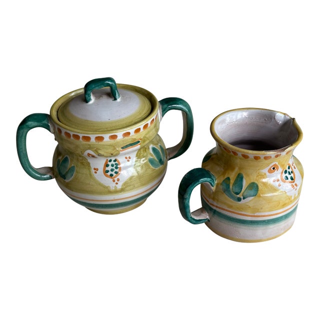 Vietri Solimene Positano Yellow Bird Chicken Sugar Bowl and Creamer Set For Sale