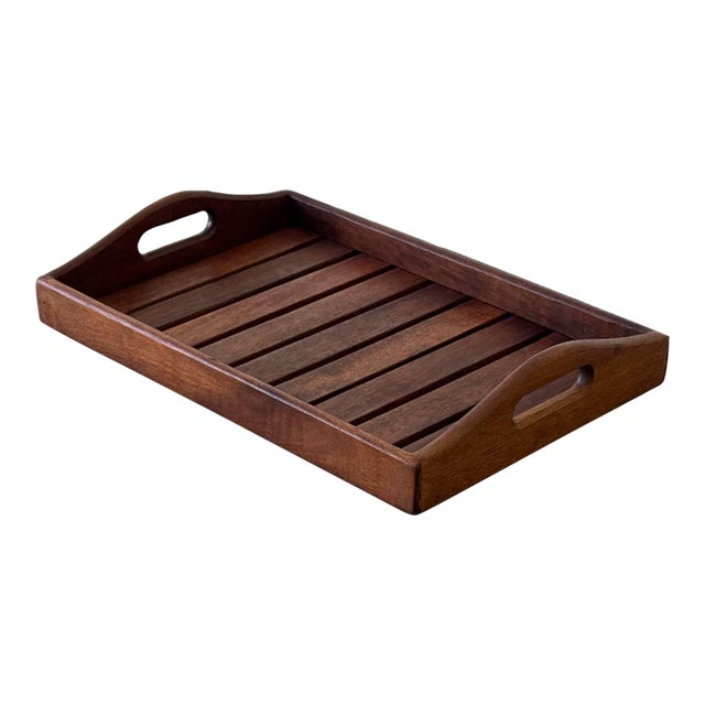 Vintage Danish Teak Serving Tray – Mid-Century Modern Slatted Wood Tray With Cutout Handles 1960s For Sale