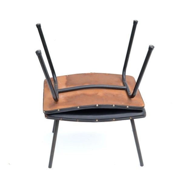 Pierre Guariche French Black Benches Steel & Distressed Faux Leather 1960 - A Pair For Sale - Image 9 of 12