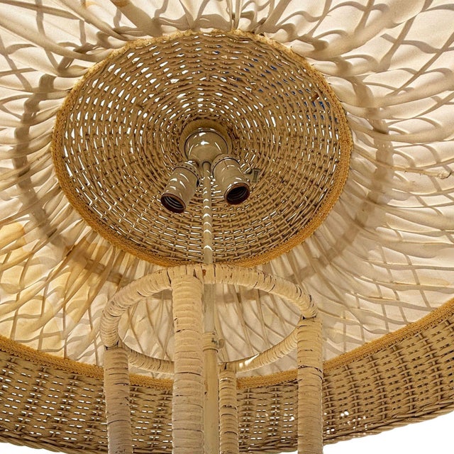 White 1940s Postmodern Shabby Chic White Wicker Tropical Splay Foot Base Floor Lamp W/ Shade For Sale - Image 8 of 8