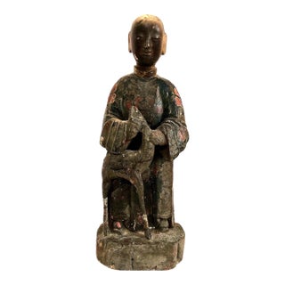 Chinese Qing Dynasty Lacquered and Polychrome Wood 18" Figure With a Deer For Sale