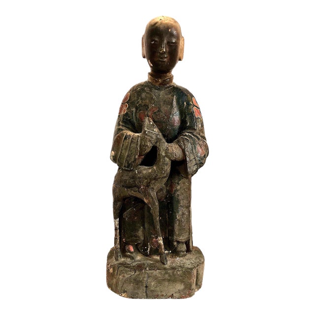 Chinese Qing Dynasty Lacquered and Polychrome Wood 18" Figure With a Deer For Sale