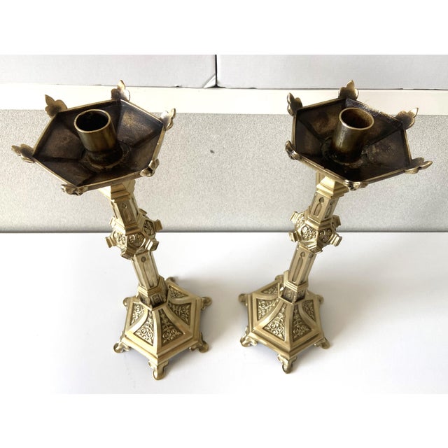 Antique Neo-Gothic Gilt Bronze Candlesticks, Set of 2 For Sale - Image 6 of 14