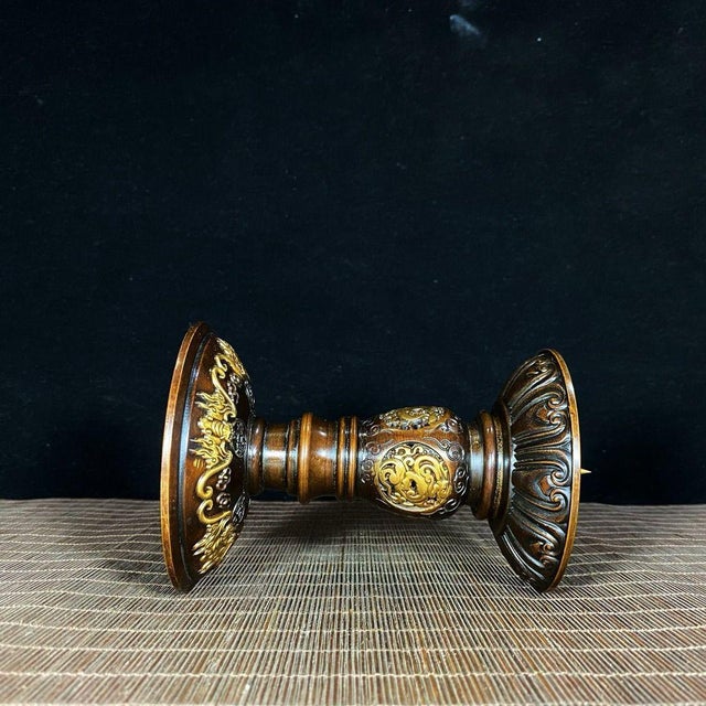 Pair of Vintage Gilded Bronze Candlesticks, Four Divine Beasts Openwork Relief For Sale In Los Angeles - Image 6 of 9