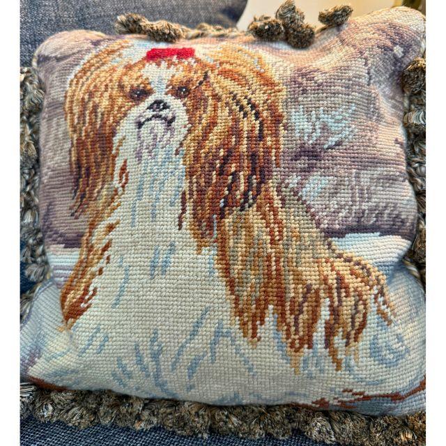 Late 20th Century, Shih Tzu Handcrafted Needlepoint, Throw Pillows, Pair (2) For Sale - Image 11 of 11