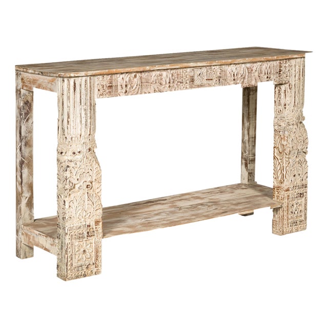 Mughal Style Whitewash Console Table with Carved Apron and Lower Shelf For Sale