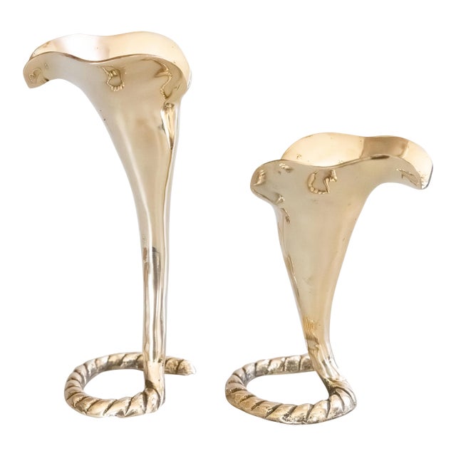 Mid-Century Polished Brass Calla Lily Candlesticks Candle Holders - A Pair For Sale