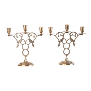 Brass Peacock Three-Arm Candelabras With Pierced Filigree For Sale