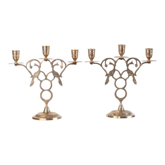 Brass Peacock Three-Arm Candelabras With Pierced Filigree For Sale