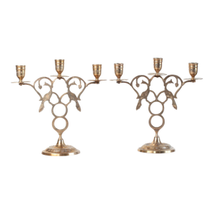 Brass Peacock Three-Arm Candelabras With Pierced Filigree