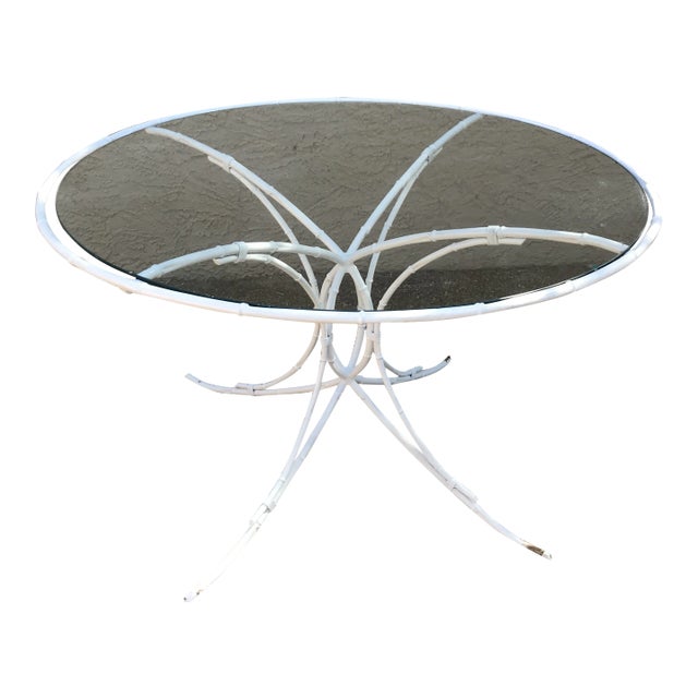 1950s Metal Faux Bamboo Glass Patio Dining Table For Sale