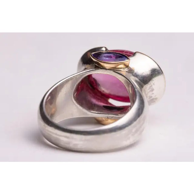 1990s Large Pink Tourmaline Dome Ring with Tanzanite, Size 7.25 For Sale - Image 4 of 5