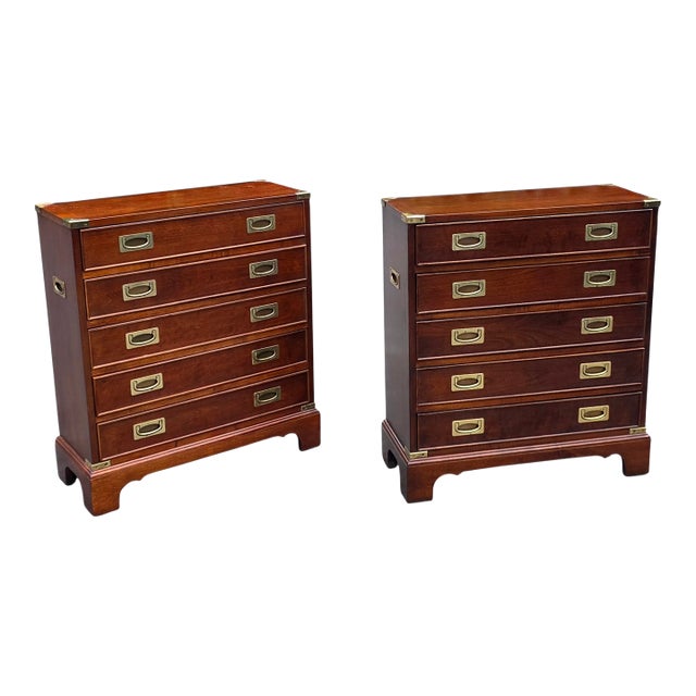 Pair of Campaign Style Mahogany Foyer Chests With Brass Recessed Hardware, Late 20th Century For Sale