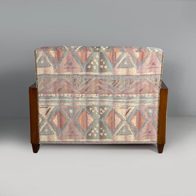 Italian Art Deco sofa in fabric with geometric pattern and wood, 1930s Two-seater sofa with withe squared shape...