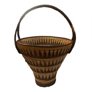 1990s Woven Basket With Handle Brown and Tan Horizontal Stripes For Sale
