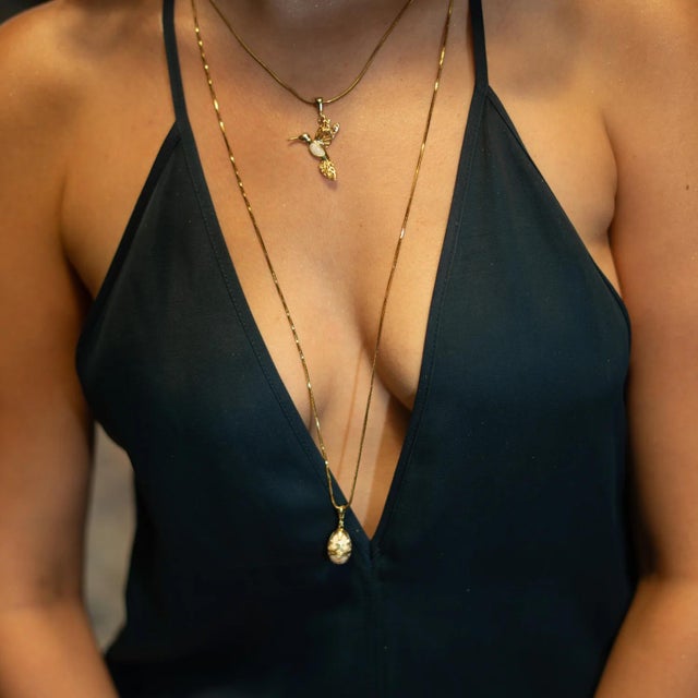 Contemporary Lucky Clover White Enamel Egg Gold Necklace For Sale - Image 3 of 12