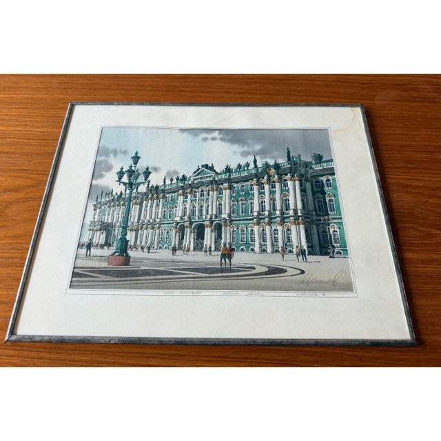 Mid-Century Modern Mid Century Original Water Color Painting of the Hermitage Art Museum in St. Petersburg - Framed For Sale - Image 3 of 9